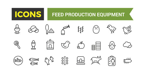 Feed Production Equipment Icon Set, Set Of Compound Feed Plant, Screw Conveyor, Pellet Cooler, Extruder Machine, Drum Dryer, Animal Feed Storage Silos Vector Icons, Vector Illustration