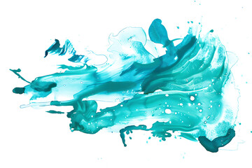 Teal and aqua splashing watercolor paint stain on white background. 