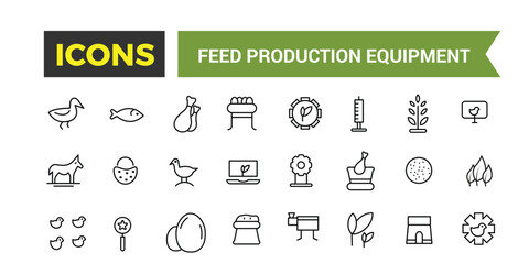 Feed Production Equipment Icon Set, Set Of Compound Feed Plant, Screw Conveyor, Pellet Cooler, Extruder Machine, Drum Dryer, Animal Feed Storage Silos Vector Icons, Vector Illustration