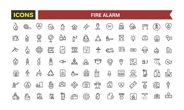 Fire Alarm Systems Icons Set, Related To Detector, Smoke Sensor, Sprinkler, Powder Extinguishing Module, Fire Alarm Control Panel, Extinguisher, Emergency Vector Illustration