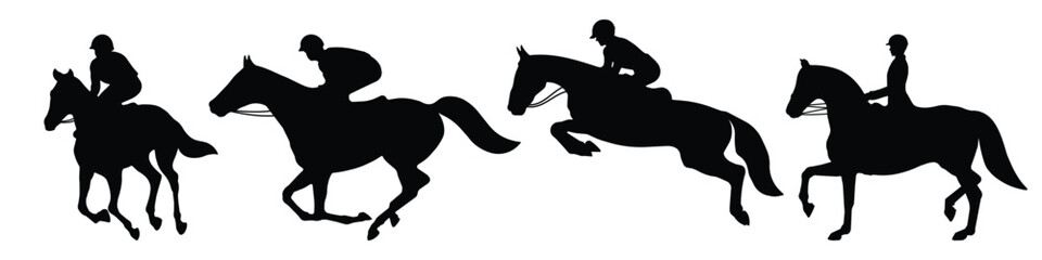 Equestrian athlete. Silhouette of a person horse riding competition on white background. Graphics for designers and for decorating their work. Vector illustration. - obrazy, fototapety, plakaty