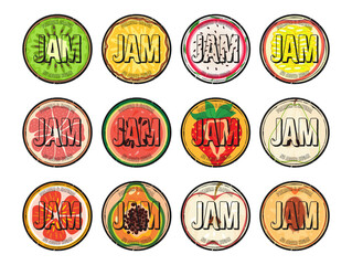 Premium natural jam no sugar round vintage label design template set vector flat illustration