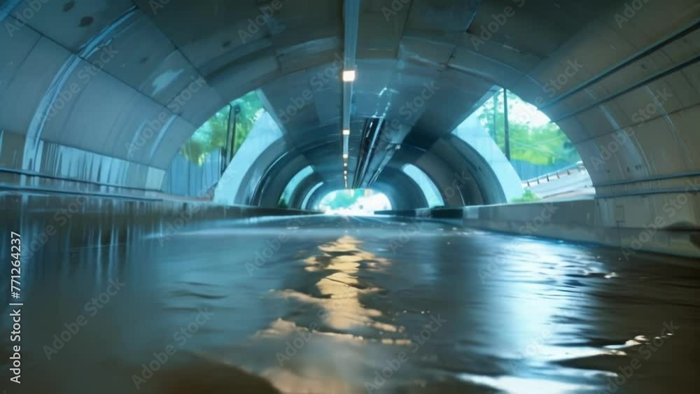 Poster an underpass tunnel is filled with water rendering it unusable and causing major disruptions to publ