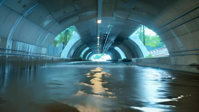 An underpass tunnel is filled with water rendering it unusable and causing major disruptions to public transportation.