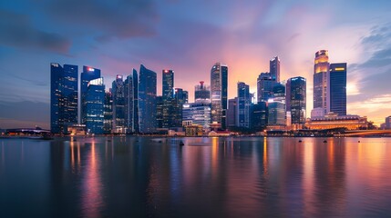 Fototapeta premium Breathtaking Financial District Skyline at Dusk,Symbolizing the Far-Reaching Global Influence of Capital Markets