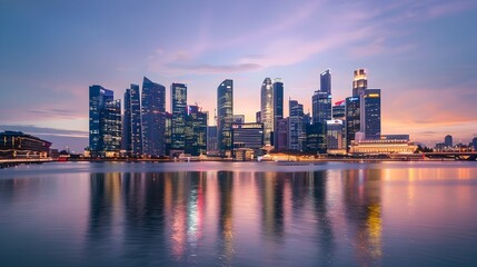Fototapeta premium Impressive Skyline of Bustling Financial District at Dazzling Dusk,Symbolizing Global Economic Reach and Influence