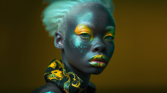 closeup of albino woman with neon fluorescent paint, neon colors, creative portrait, tribal, green and orange colors