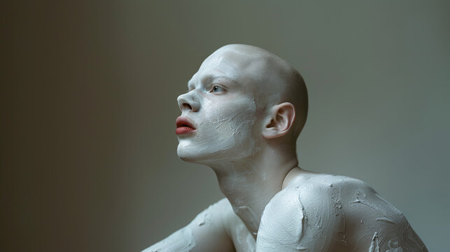 portrait of albino man with cream on his face and body, minimalist, diversity
