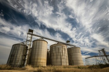 Obraz premium Majestic metal grain silos under a dramatic sky in rural farmland