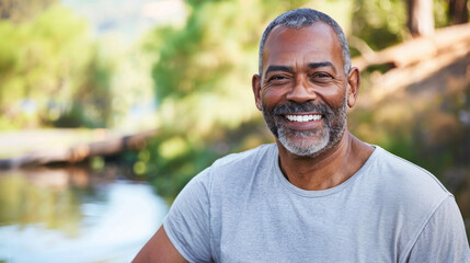 Naklejka na ściany i meble Black afro american man in his 50s who exudes happiness and a sense of feeling truly alive in a beautiful natural park near a lake, genuine smile on his face, relaxed and confident male who found joy