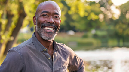 Black afro american man in his 50s who exudes happiness and a sense of feeling truly alive in a beautiful natural park near a lake, genuine smile on his face, relaxed and confident male who found joy