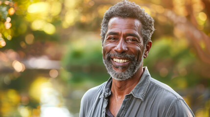Black afro american man in his 50s who exudes happiness and a sense of feeling truly alive in a beautiful natural park near a lake, genuine smile on his face, relaxed and confident male who found joy