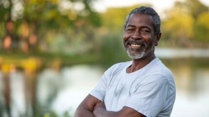 Black afro american man in his 50s who exudes happiness and a sense of feeling truly alive in a beautiful natural park near a lake, genuine smile on his face, relaxed and confident male who found joy