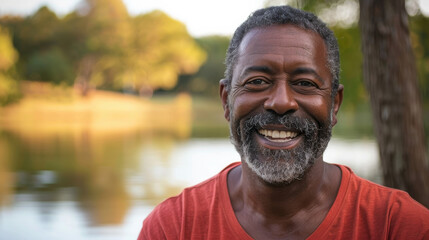 Black afro american man in his 50s who exudes happiness and a sense of feeling truly alive in a beautiful natural park near a lake, genuine smile on his face, relaxed and confident male who found joy