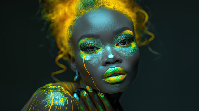closeup of black woman with neon fluorescent paint, neon colors, creative portrait, tribal
