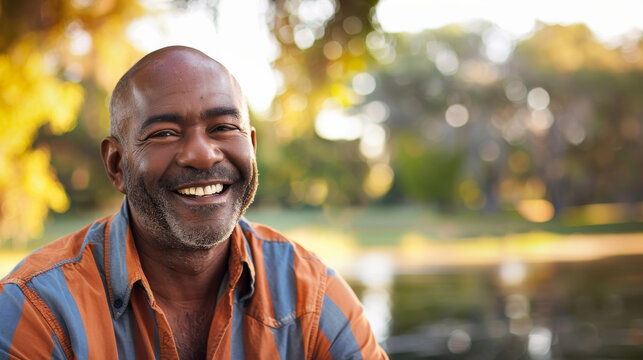 Black afro american man in his 50s who exudes happiness and a sense of feeling truly alive in a beautiful natural park near a lake, genuine smile on his face, relaxed and confident male who found joy