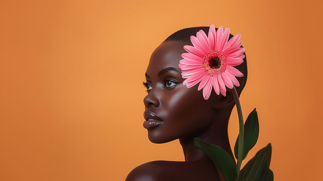 portrait of bald buzz cur black woman with pink flower, on orange background