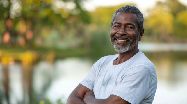 Black afro american man in his 50s who exudes happiness and a sense of feeling truly alive in a beautiful natural park near a lake, genuine smile on his face, relaxed and confident male who found joy