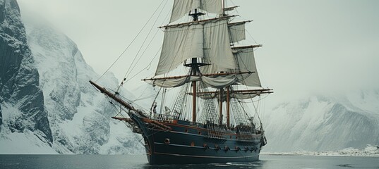 Sailing ship in the fjord - obrazy, fototapety, plakaty