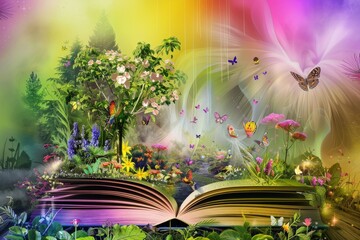 An enchanting open book with a vivid fairytale landscape sprouting from its pages