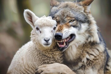 Fototapeta premium A sheep peacefully resting against a wolf in a tranquil natural setting