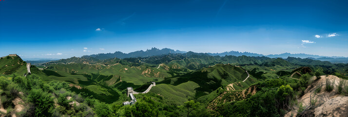 The Great Wall of China: Unfolding Over a Thousand Kilometers Through Time-Weathered Hills and Verdant Valleys - obrazy, fototapety, plakaty