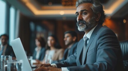 Fototapeta premium Successful Indian CEO Making a Presentation on a Laptop to a Board of Directors During a Corporate Meeting. South Asian Business Partners Discussing International Markets