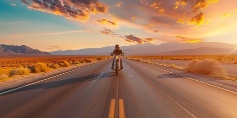 Motorcyclist on desert road at sunset - obrazy, fototapety, plakaty