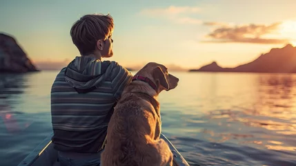 Foto op Canvas Man and dog enjoying sunset from a canoe © Vasili