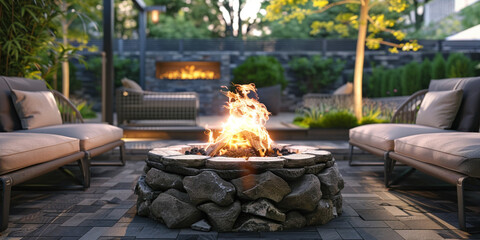 Luxurious fire pit on outdoor garden patio with cosy chairs in the backyard. Total relax in lounge area relaxation space concept