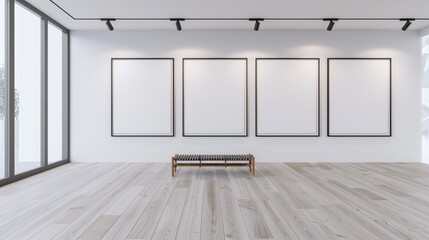Modern art gallery interior with blank frames and wooden floor