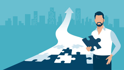 Building a career. Build your way to success. Putting together the puzzle of success. A man holds a puzzle piece. Vector illustration.  - obrazy, fototapety, plakaty