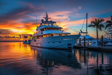 Luxury yacht anchored in the harbor during a vibrant sunset - obrazy, fototapety, plakaty