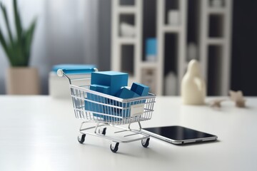 Smartphone displaying a shopping cart on table near laptop, online shopping activities concept. Various sale boxes and shopping bags Inside the cart, as e-commerce transactions and purchases.