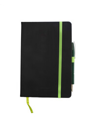 Black closed notebooks mockup isolated on white. Pen and green strap.
