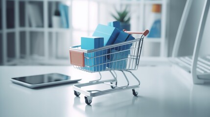 Smartphone displaying a shopping cart on table near laptop, online shopping activities concept. Various sale boxes and shopping bags Inside the cart, as e-commerce transactions and purchases.