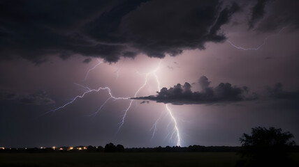 a lightning bolt is shown above a field with a tree in the background