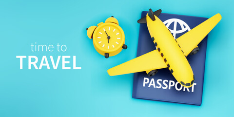 Time to travel concept. 3D cartoon airplane, passport and alarm clock on turquoise background with copy space for text. Design elements for booking, travel, relocation. Vector illustration render.