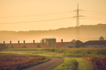Foggy morning on a tranquil rural farm with a beautiful sunrise - Powered by Adobe