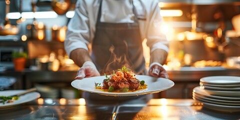 Chef presenting a gourmet dish in a restaurant