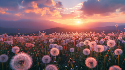dandelion field in rural landscape at sunrise. beautiful nature scenery with blooming weeds in...