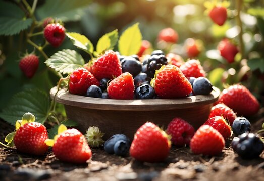 Berry bushes in full bloom, bursting with an assortment of ripe strawberries, blueberries, and raspberries, under the gentle rays of the sun, generative AI