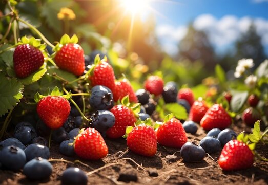 Berry bushes in full bloom, bursting with an assortment of ripe strawberries, blueberries, and raspberries, under the gentle rays of the sun, generative AI