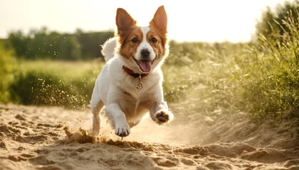 Cute white and brown dog energetically running on a sandy surface amidst greenery. Joyful moment of summer. Outdoor activities.