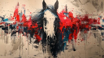 Abstract mural of a horse in oil, large knife strokes on art wall