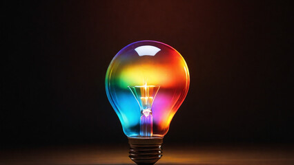 Glowing light bulb emit colored refracted light. Brainstorming, new ideas, innovation, creation.