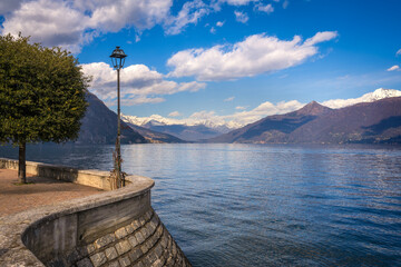View on Lake Como, Italy with snow covered mountains in the background - 771268614