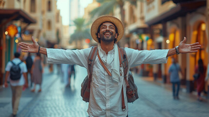 A tourist in a hat and with a backpack, rejoices with his arms outstretched on the street of the city - obrazy, fototapety, plakaty