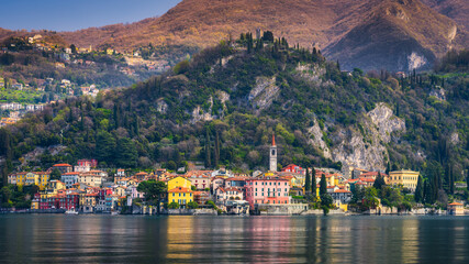 Varenna old town on Lake Como, Italy with mountains in the background - 771268661