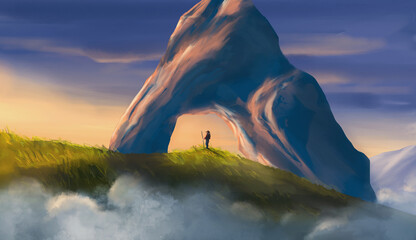 Tourist, man walking on meadow with rock arch and distant hill under sunset sky. Digital painting landscape background illustration